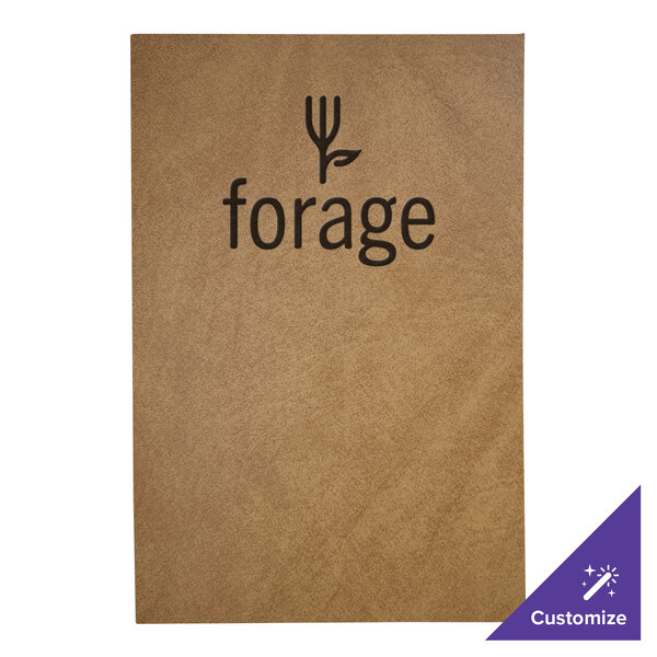 A brown cardboard menu cover with black text on it.