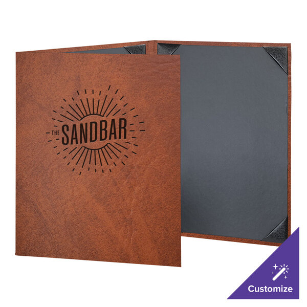 A brown leather H. Risch, Inc. menu cover with black corners and text.