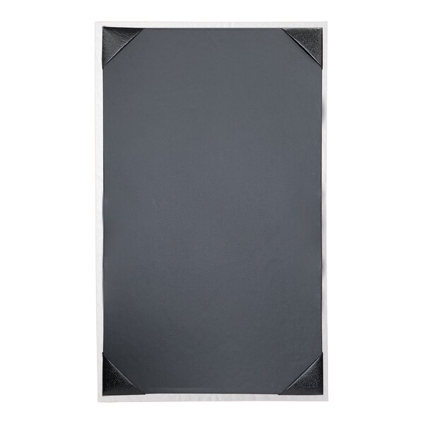 A white rectangular menu cover with black edges and corners.