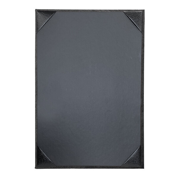A black rectangular menu cover with white corner accents.