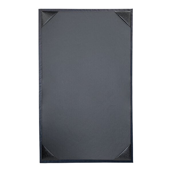 A rectangular navy blue menu cover with white border and corners.