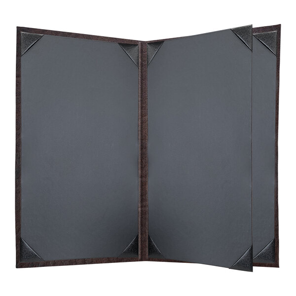 A brown rectangular menu cover with black corners.