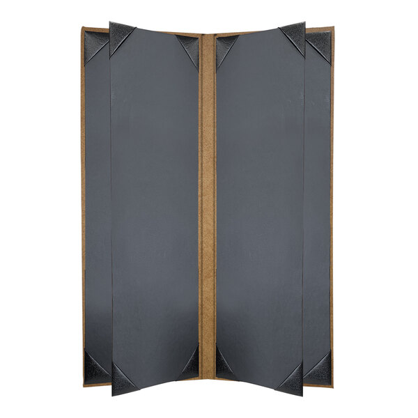 A grey rectangular menu cover with brown edges and corners.