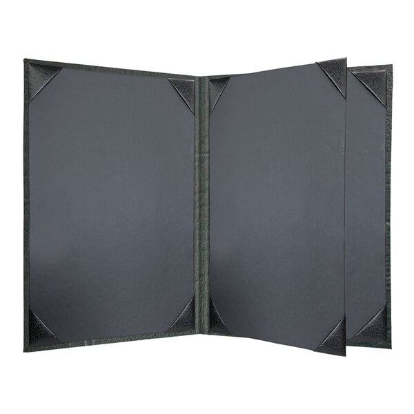 A grey rectangular menu cover with white corners open to show four pages.