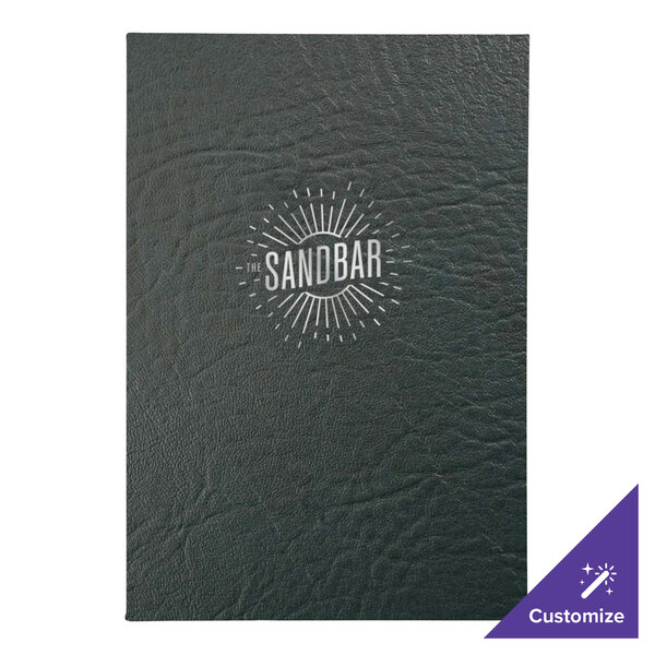 A black leather H. Risch, Inc. menu cover with white text on it.