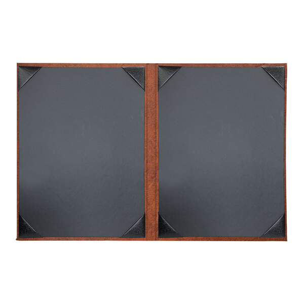 Two customizable butterscotch menu covers with a wooden frame.