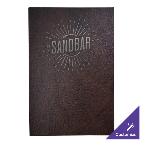 A brown leather H. Risch, Inc. menu cover with white text that says "Sandbar"