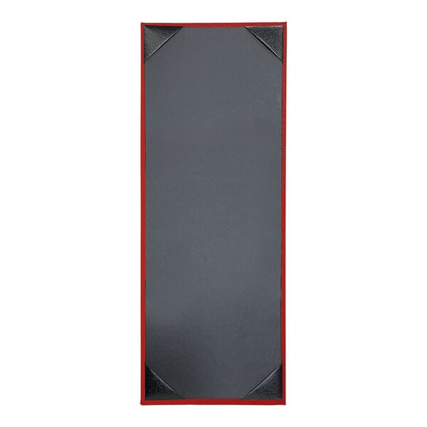 A black and red rectangular menu cover with red edges.
