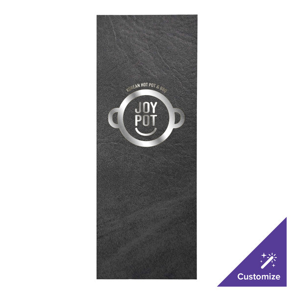 A black rectangular menu cover with a silver logo.