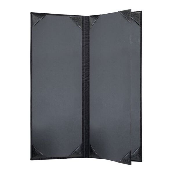 A black rectangular menu cover with black corners and a black strip on the front.
