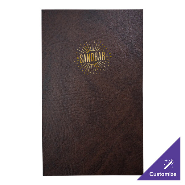 A brown leather H. Risch, Inc. menu cover with a logo on it.