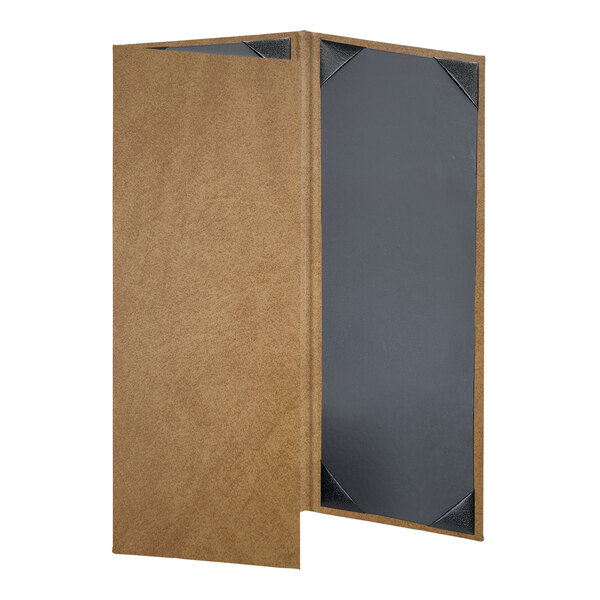 A brown and black rectangular menu cover with a brown border.