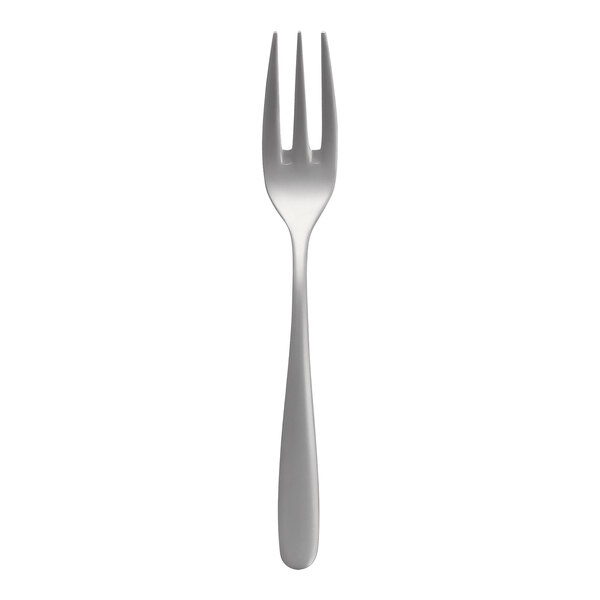 A close-up of a Fortessa Grand City stainless steel appetizer/cake fork with a sand blasted silver handle.