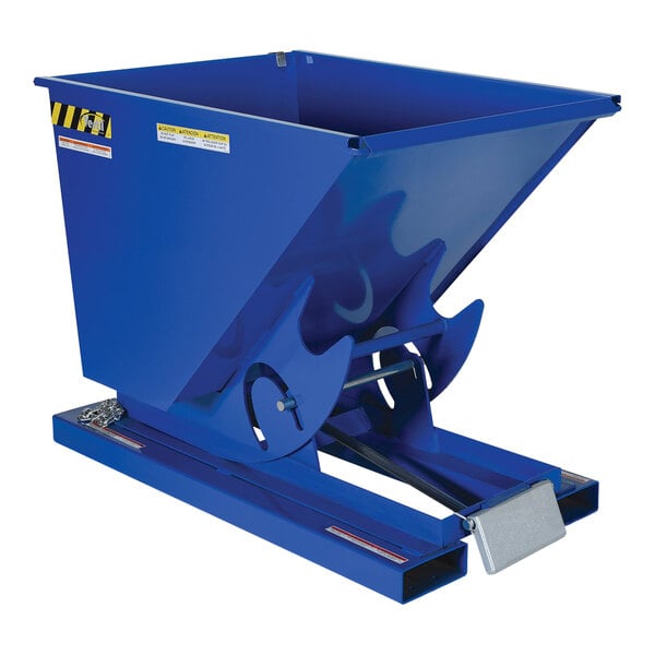 A blue metal Vestil self-dumping hopper with a chain.