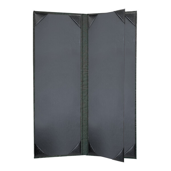 A green rectangular menu cover with black corners and a black border.