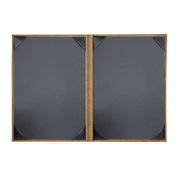 A brown rectangular menu cover with a black board and brown corners.