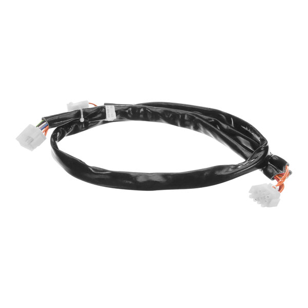 A black cable with white and orange wires.