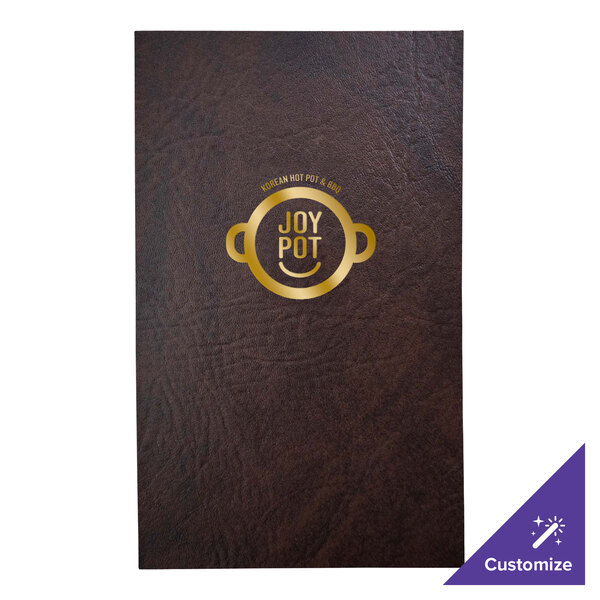 A brown leather menu cover with two clear views for customization.