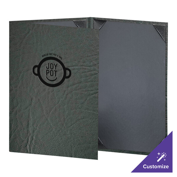 A green rectangular menu cover with black trim and three inserts.