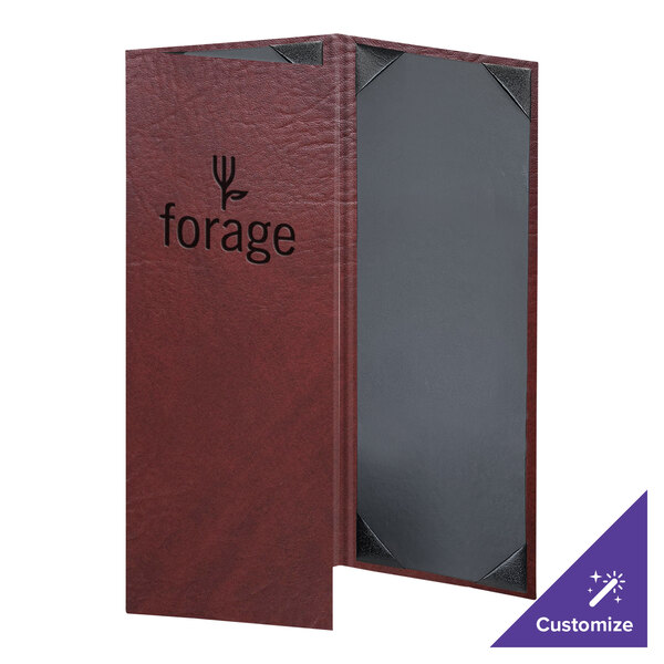 A red leather menu cover with a black logo on it.