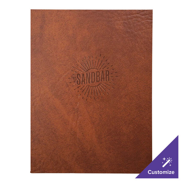 A brown leather H. Risch, Inc. menu cover with customizable text on it.