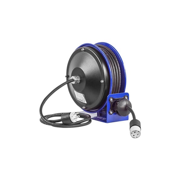 A blue and black Coxreels PC10 Series cord reel with a cable attached.