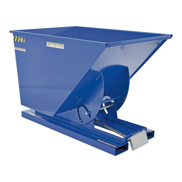 A blue metal Vestil self-dumping hopper.