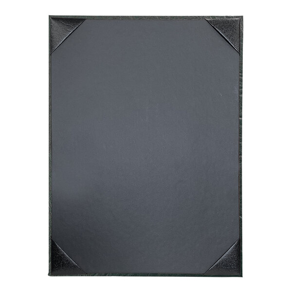 A black rectangular menu cover with metal corner accents.