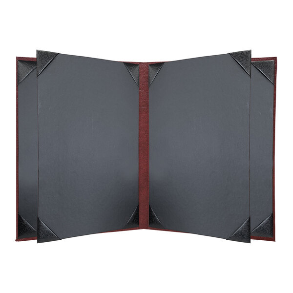 A black menu cover with a red border and black corners.
