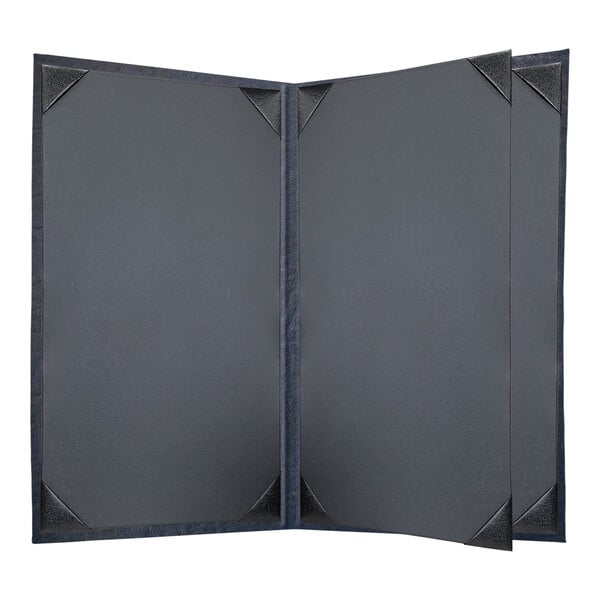 A navy menu cover with black corners.