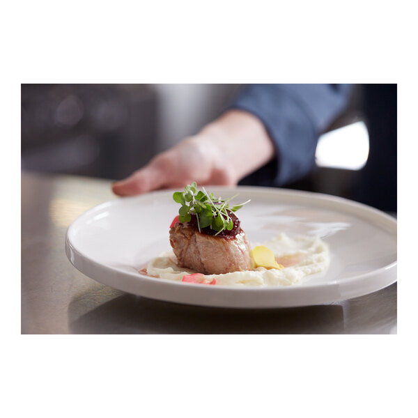 A person's hand holding a Libbey white porcelain plate with a piece of meat, cranberry sauce, and microgreens.