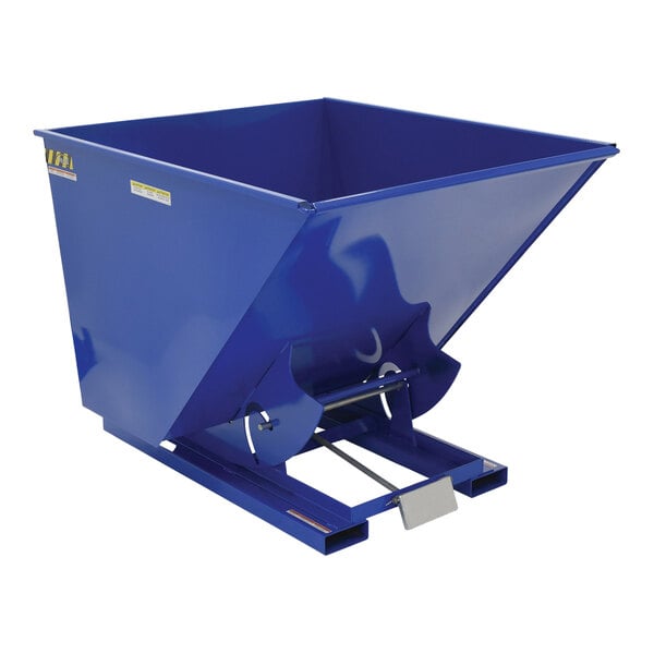 A blue metal Vestil self-dumping hopper.