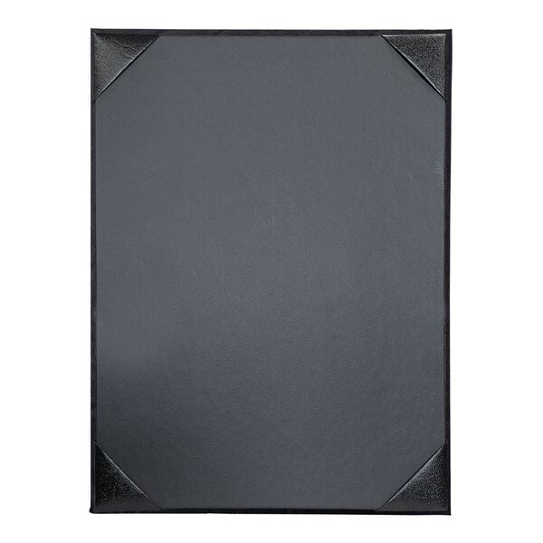 A black rectangular menu cover with a black metal frame.