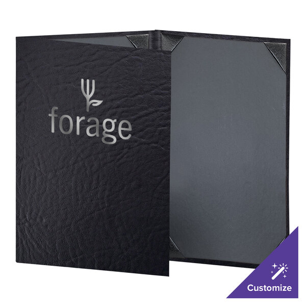 A black rectangular menu cover with silver text on the front.