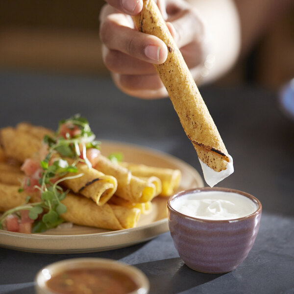 A person dipping tortilla chips into a bowl of salsa using a Libbey mauve terracotta dip dish.