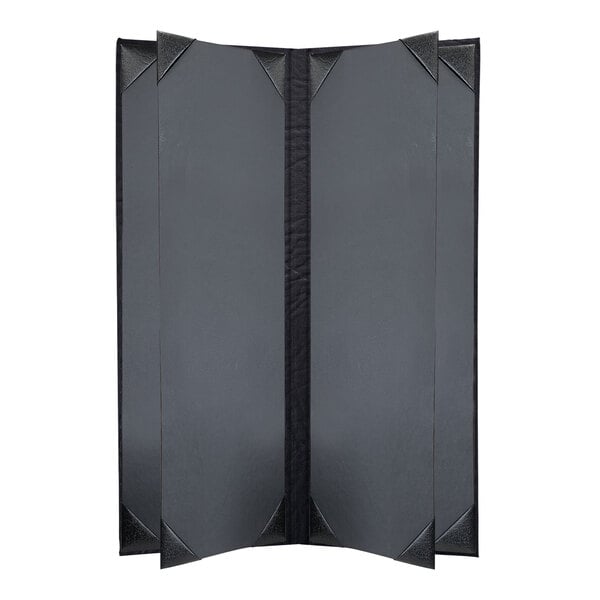 A black rectangular menu cover with a black stripe.