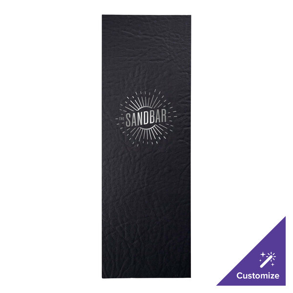 A black rectangular menu cover with silver custom text on it.