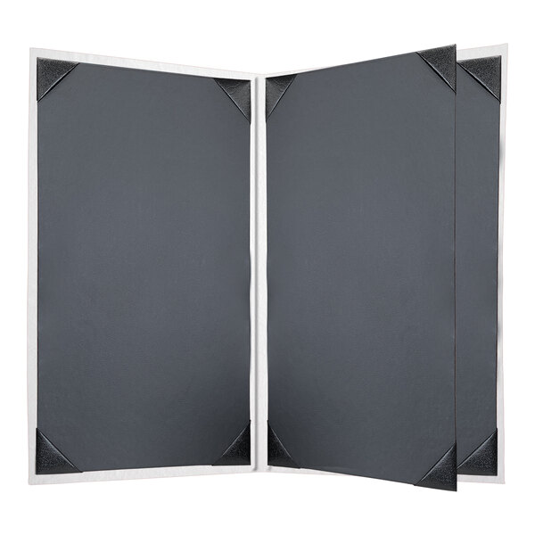 A white menu cover with four white rectangular pages with black corners.