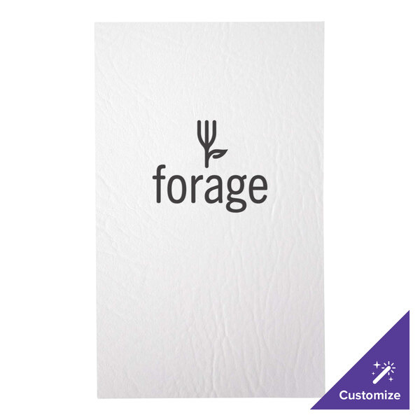 A white menu cover with black text and a white logo.