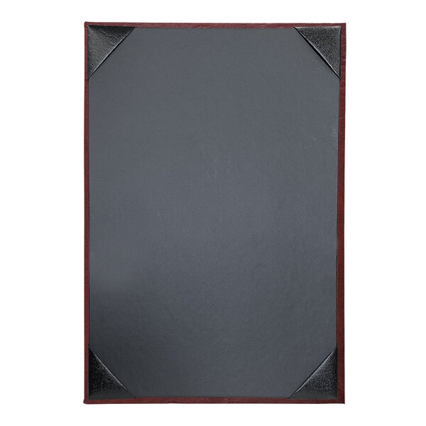 A black rectangular menu cover with red corners and a white background.