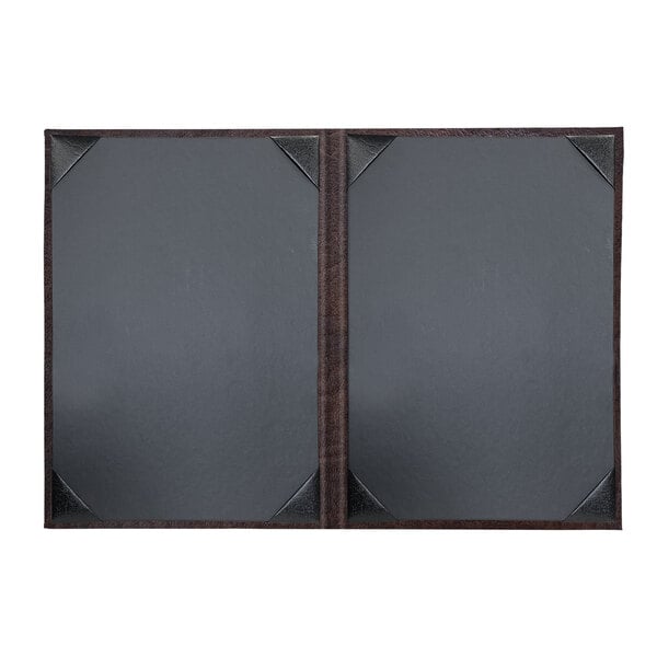 A brown rectangular menu cover with black corners.