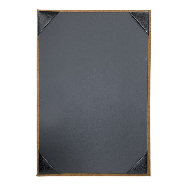 A black menu cover with brown corners.