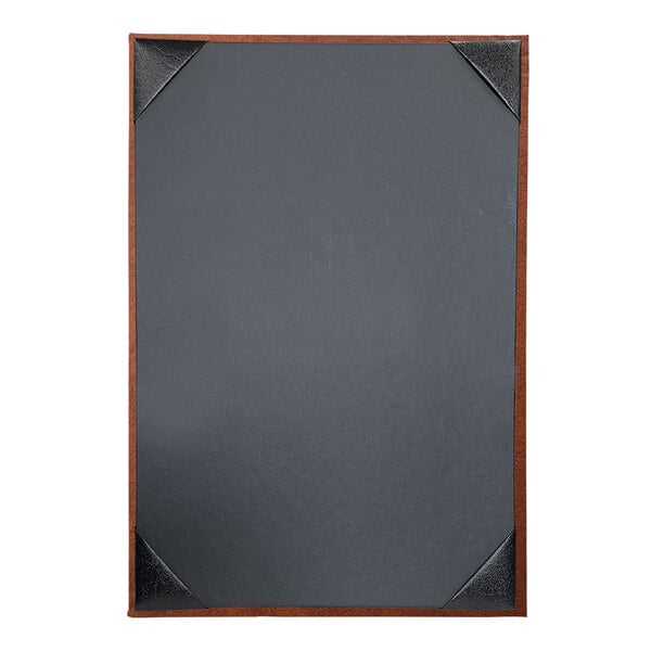 A customizable butterscotch menu cover with a black board and wooden frame.
