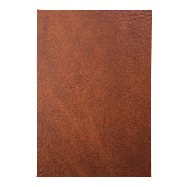 A close up of a customizable brown leather menu cover.