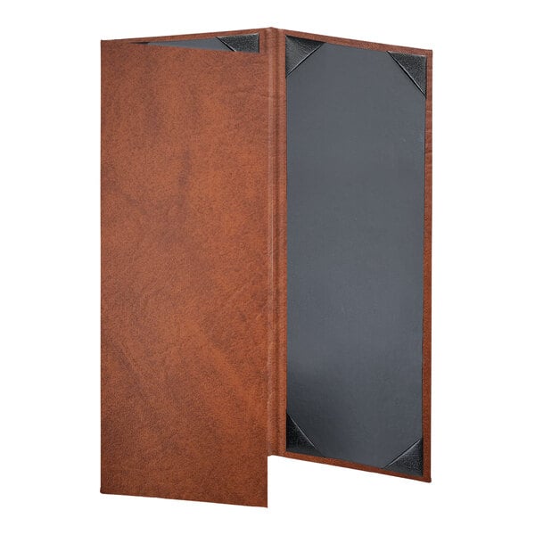 A brown rectangular menu cover with black corners.