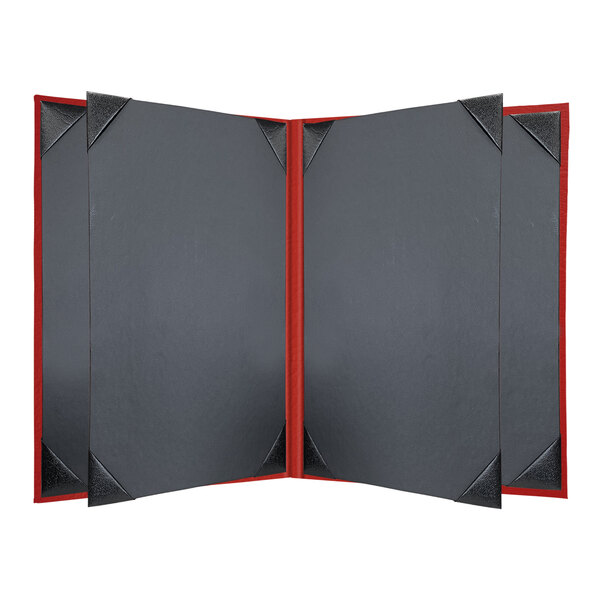 A black menu cover with red corners.