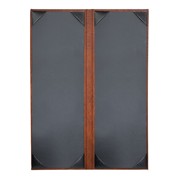 A rectangular grey menu cover with a brown wooden frame.