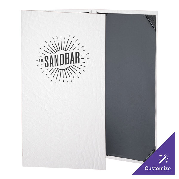 A white H. Risch, Inc. menu cover with black custom text on it.