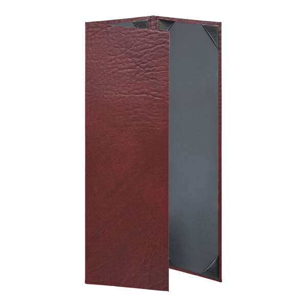 A grey rectangular menu cover with red leather accents.