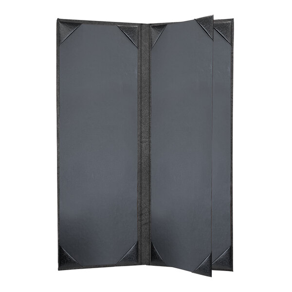 A grey rectangular menu cover with a black border and corners.